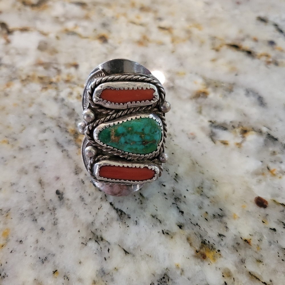 Vintage Sterling Silver Turquoise Coral Pawn Ring